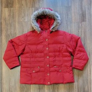ALASKA FRONTIER Red Down Puffer Jacket Coat Removable Hood Faux Fur 1X
